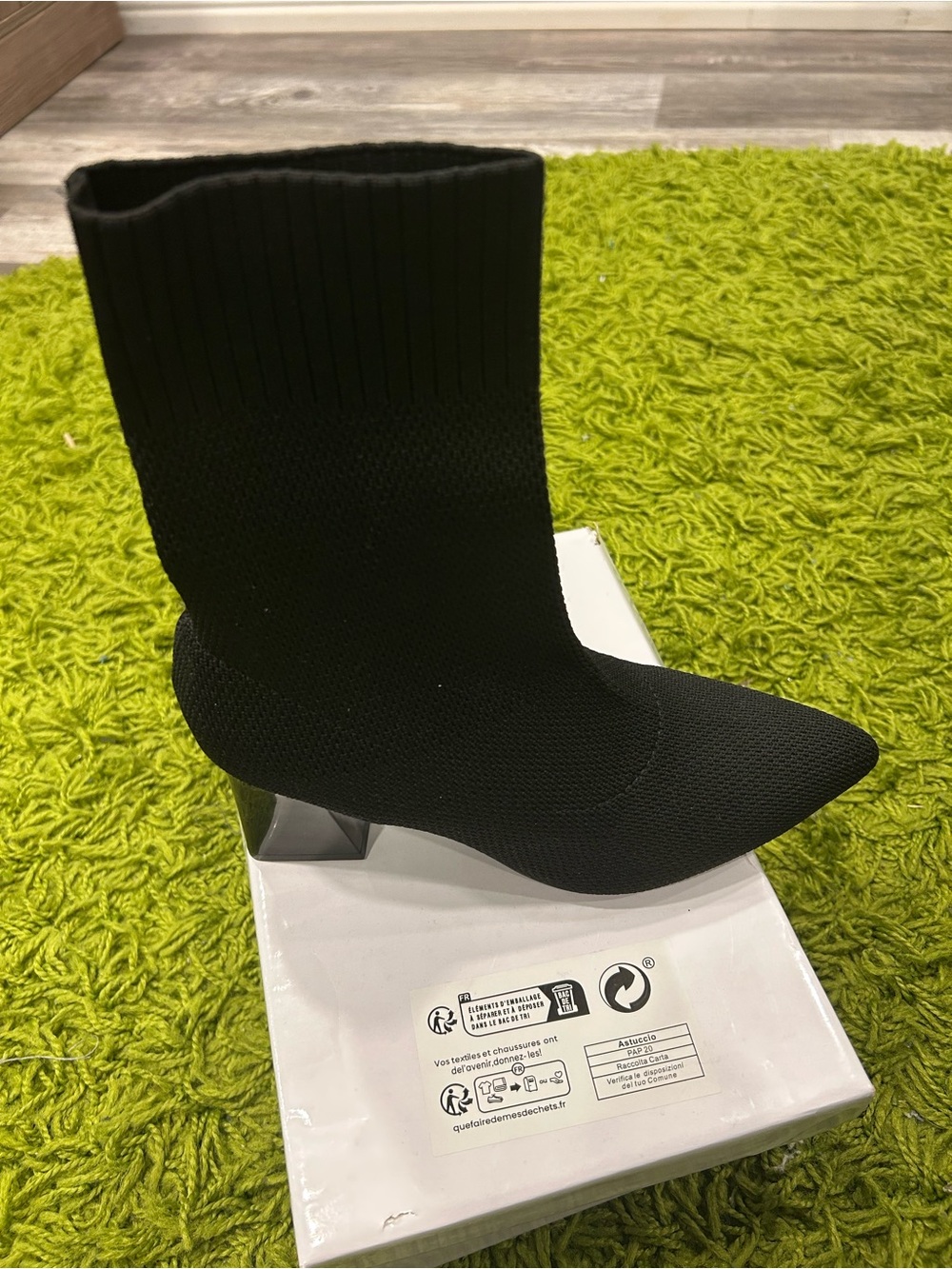 Black Knit Sock Boot with Block Heel - Women's